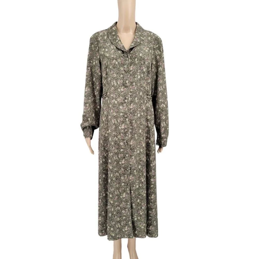 Leslie Fay Sage Green Ditsy Floral Long Sleeve Maxi Dress Women's Size 14P